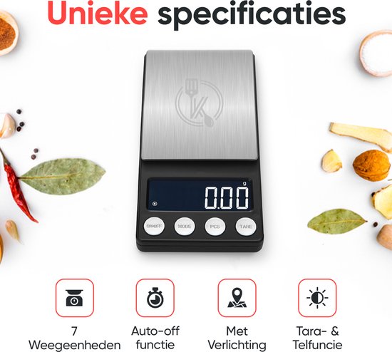 Kitchenwell digitale mini precisie keukenweegschaal - 0,01 tot 500 gram