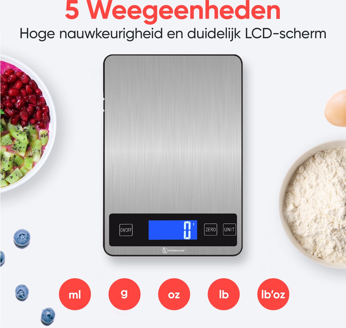 Kitchenwell Digitale Precisie Keukenweegschaal – 1gr - 10kg - USB Oplaadbaar - KN355