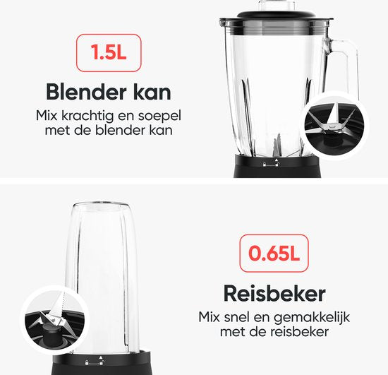 Kitchenwell Blender - 1.5 Liter - Glazen Kan - 3 Standen - 1300W - KN311