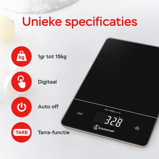 Kitchenwell Digitale Precisie Keukenweegschaal – 1gr - 15kg – USB Oplaadbaar KN353