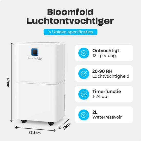 Bloomfold Luchtontvochtiger - 12L per Dag - Incl. Was-droog Functie - BF001