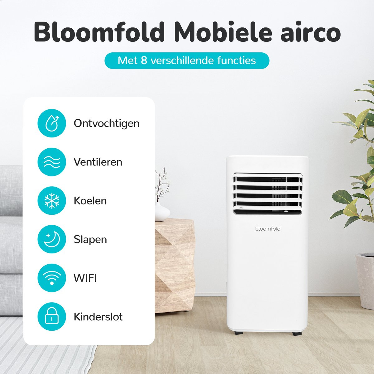 Bloomfold Mobiele Airco - 9.000 BTU - 4-in-1 - tot 25m² koelen - BF020