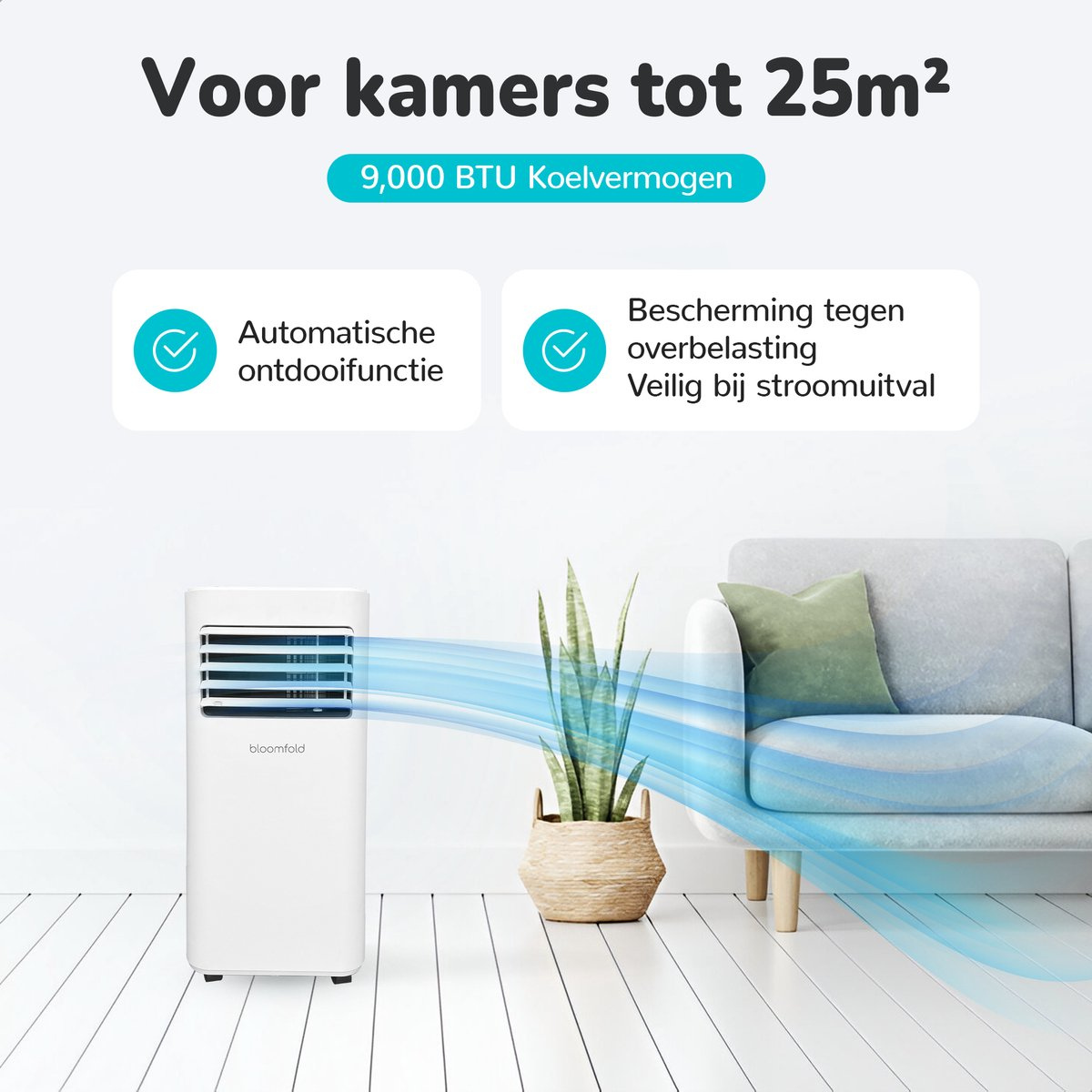 Bloomfold Mobiele Airco - 9.000 BTU - 4-in-1 - tot 25m² koelen - BF020